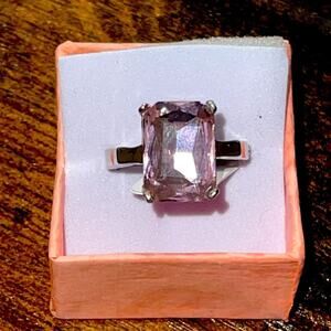 Luxury Rectangular Silver Tone Pink Zircon Ring Size 8
